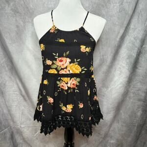 Black Floral Baby Doll Top Blouse Women Sm Boho Whimsigoth Y2K Crochet Hippie